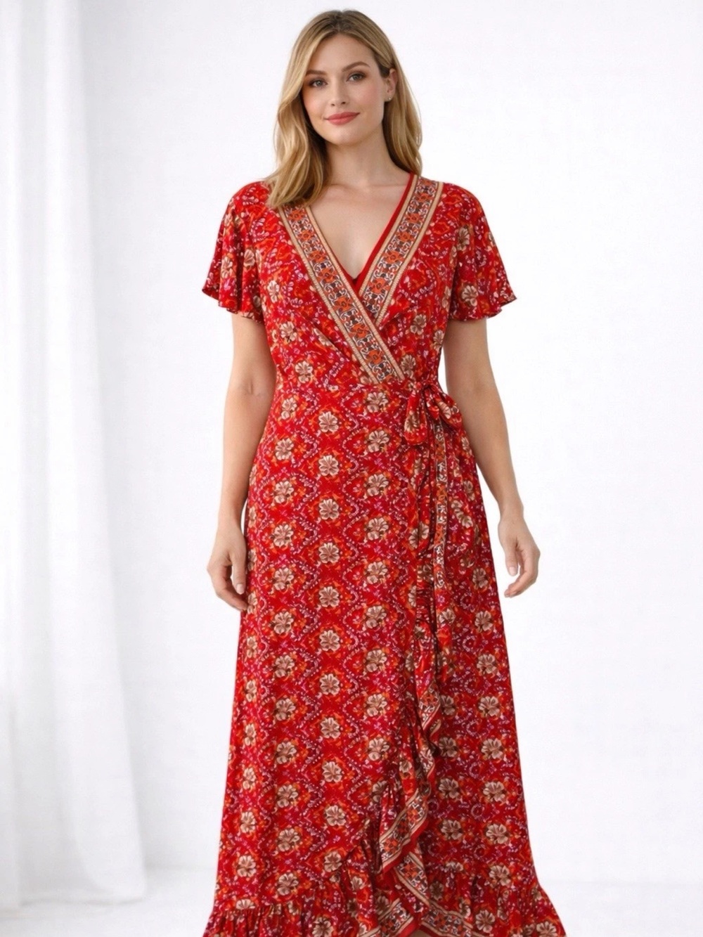 ZESICA Womens Red Floral Print Wrap Maxi Dress Medium Boho Bohemian Long New‎